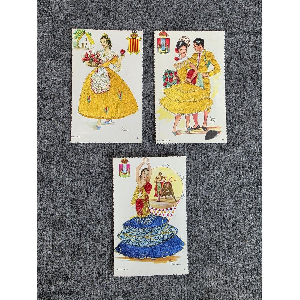 Vintage Spanish Embroidered Postcards Flamenco & Regional Costumes Set